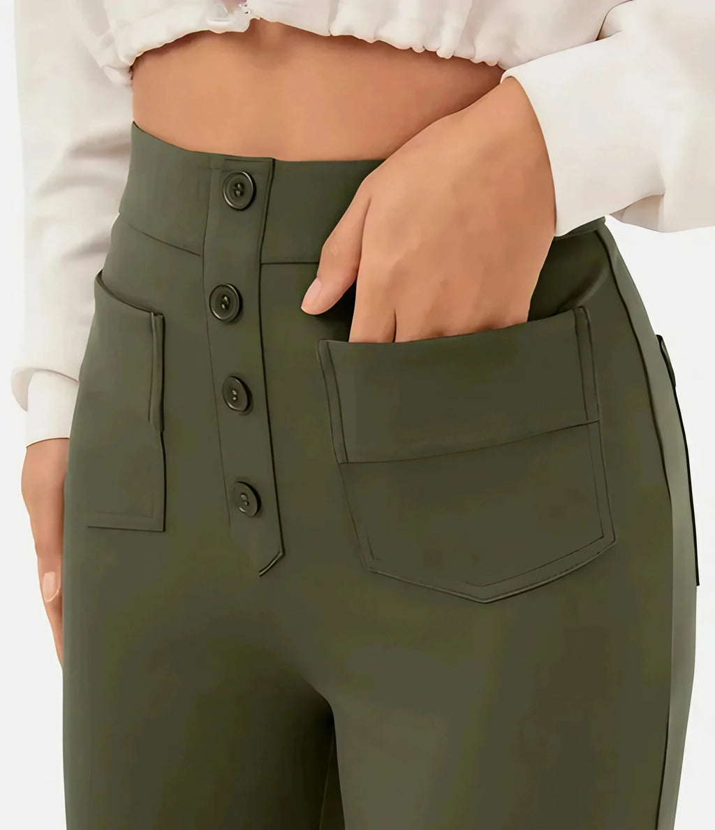 Pantalon taille haute femme extensible à poches, six coloris, vert