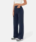 Pantalon taille haute femme extensible à poches, six coloris, bleu marine