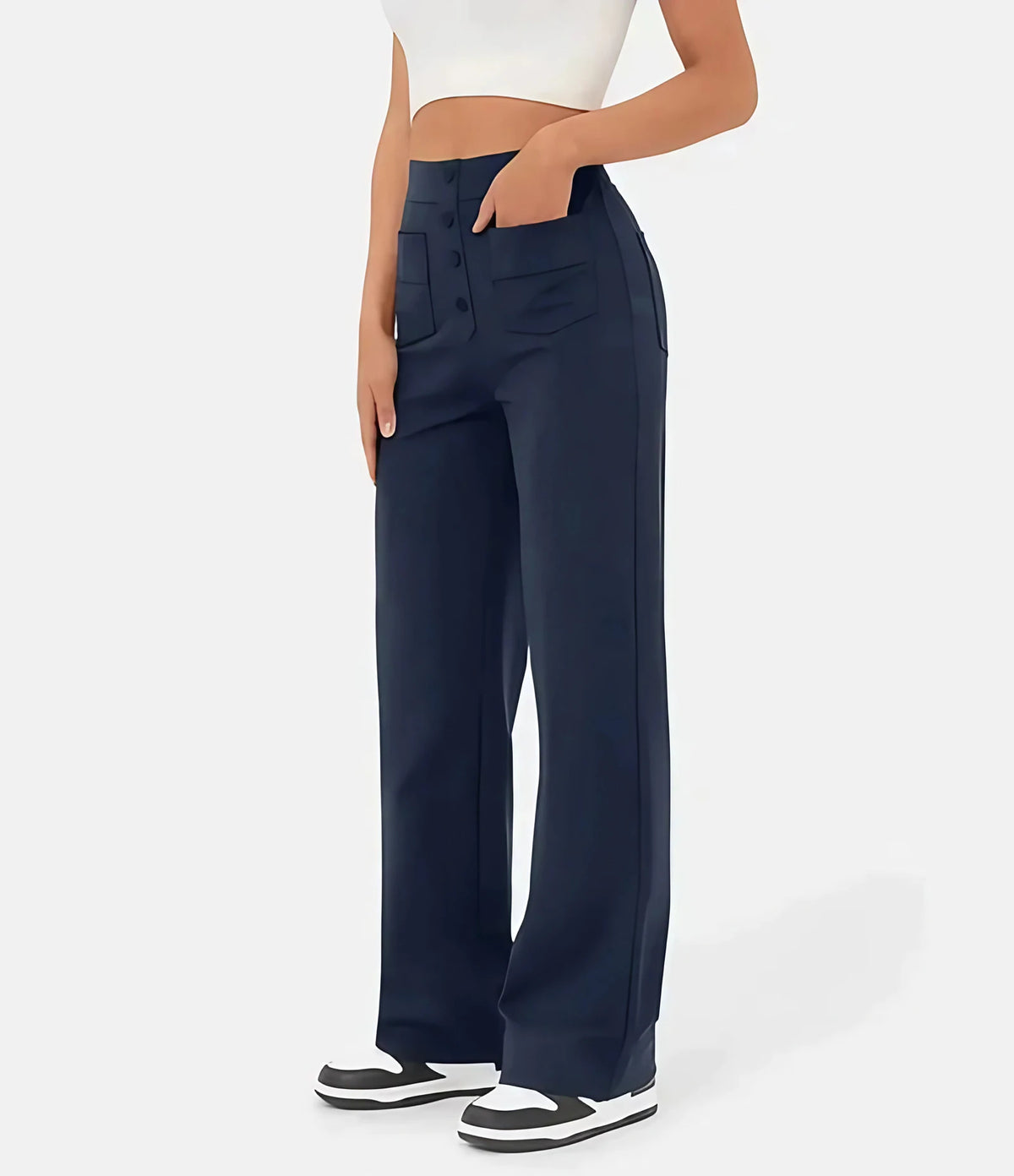 Pantalon taille haute femme extensible à poches, six coloris, bleu marine