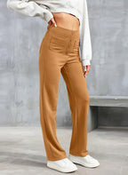 Pantalon taille haute femme extensible à poches, six coloris, marron
