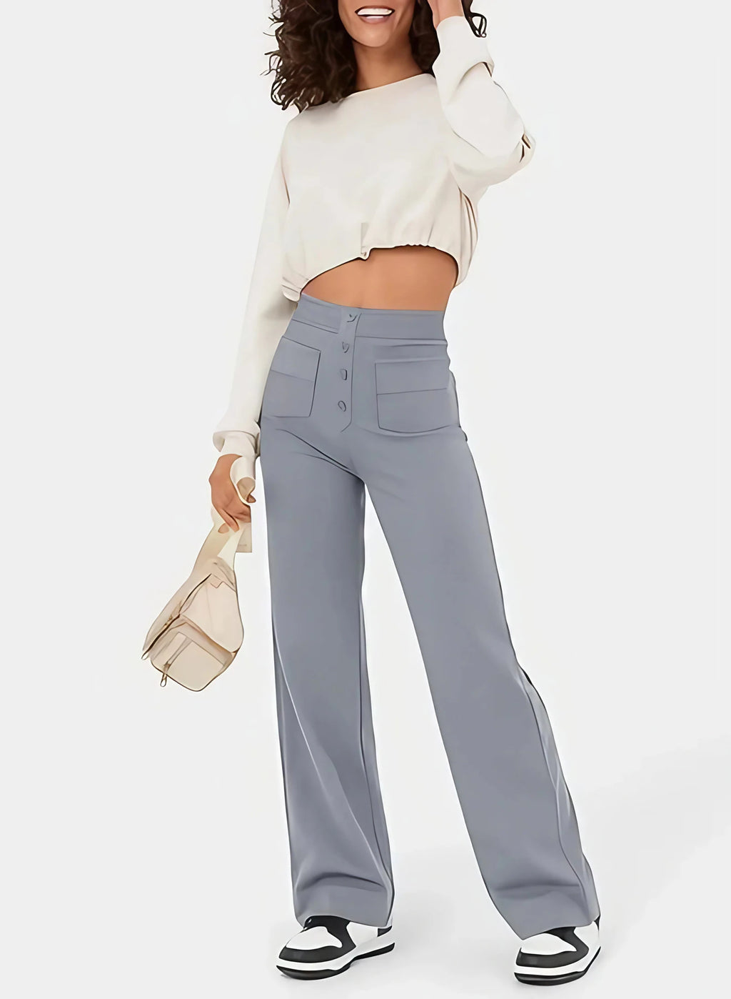 Pantalon taille haute femme extensible à poches, six coloris, gris