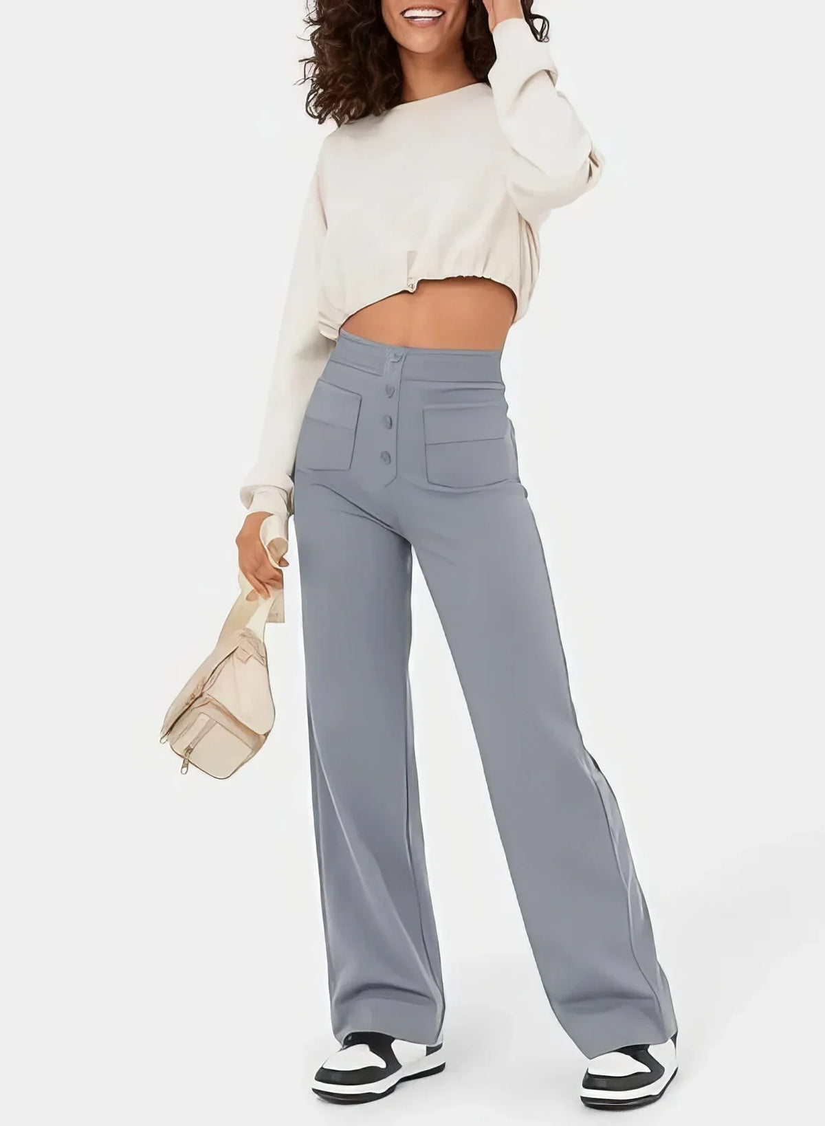 Pantalon taille haute femme extensible à poches, six coloris, gris