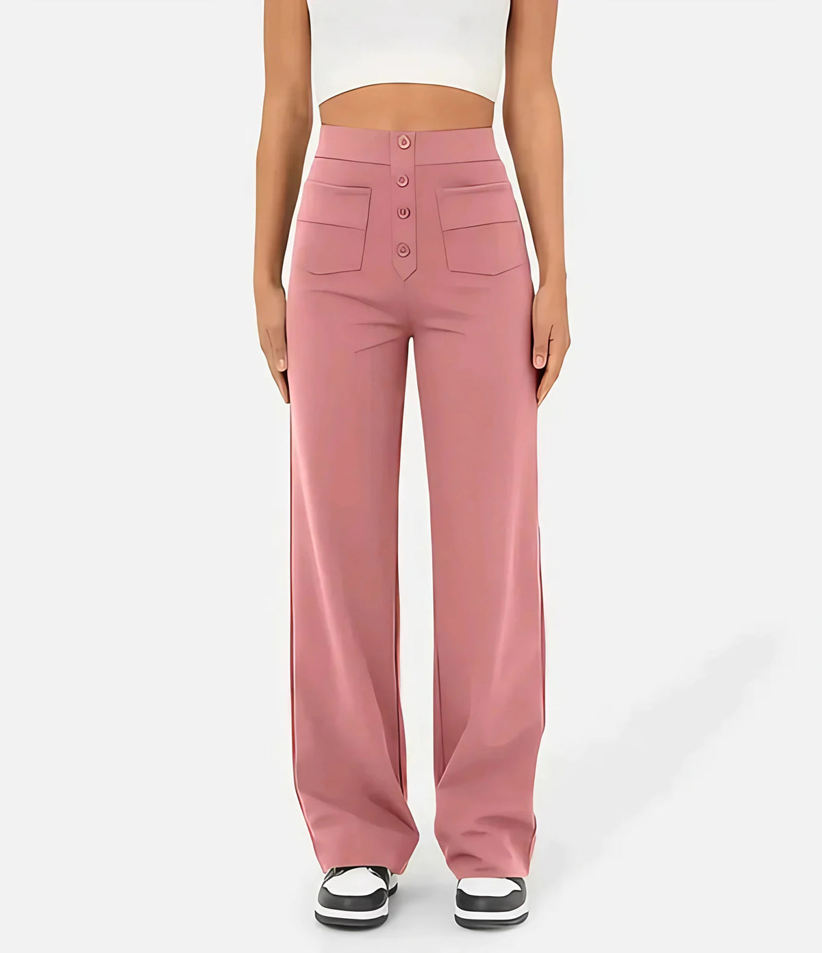 Pantalon taille haute femme extensible à poches, six coloris, rose