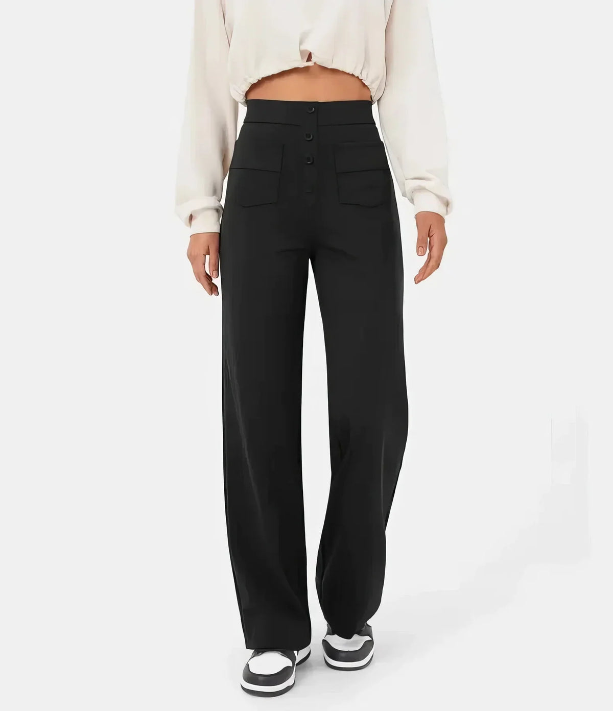 Pantalon taille haute femme extensible à poches, six coloris