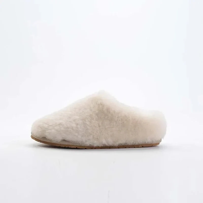 Chaussons femme en laine, doublure fourrure synthétique, crème