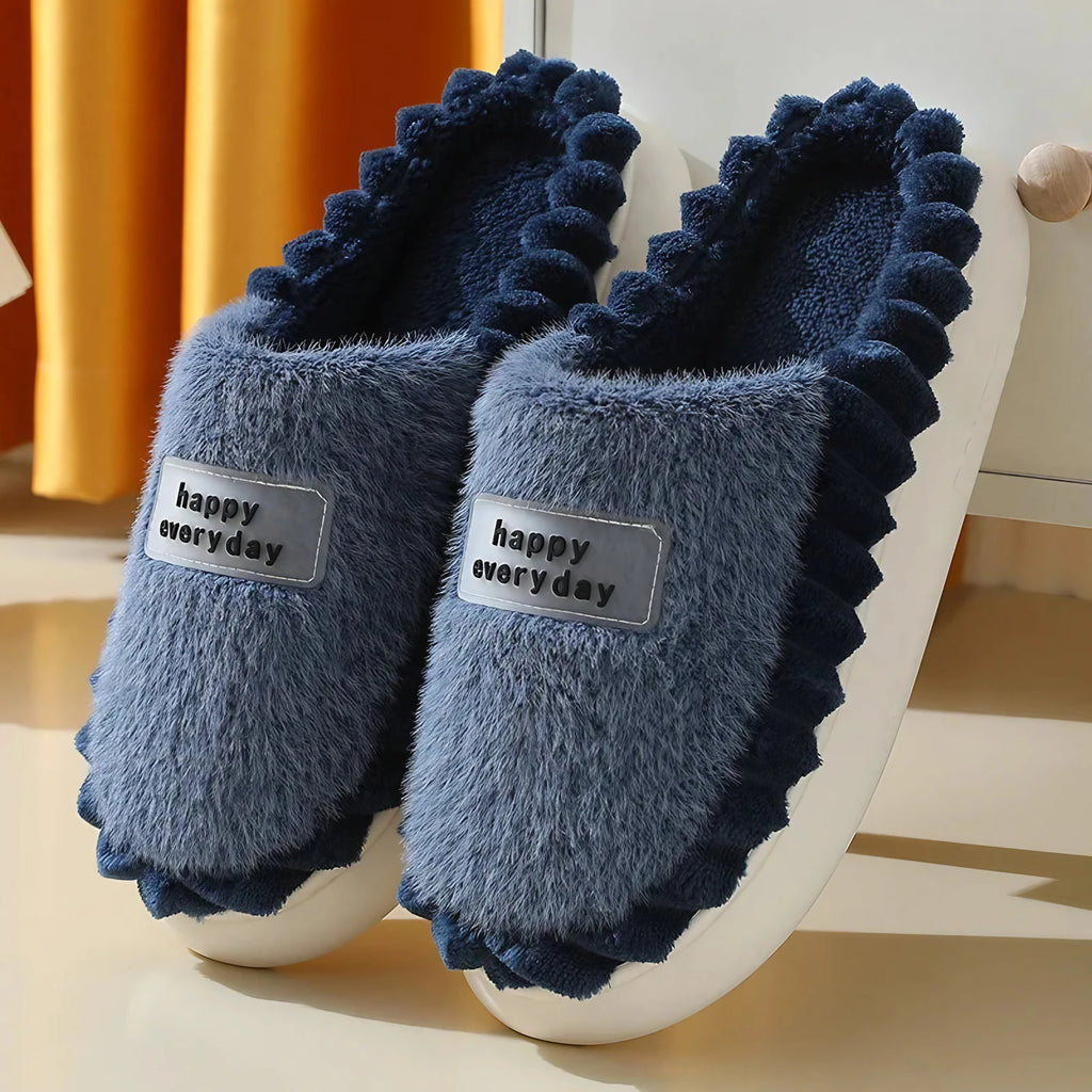 Chaussons en peluche hommes et femmes, semelle antidérapante, bleu