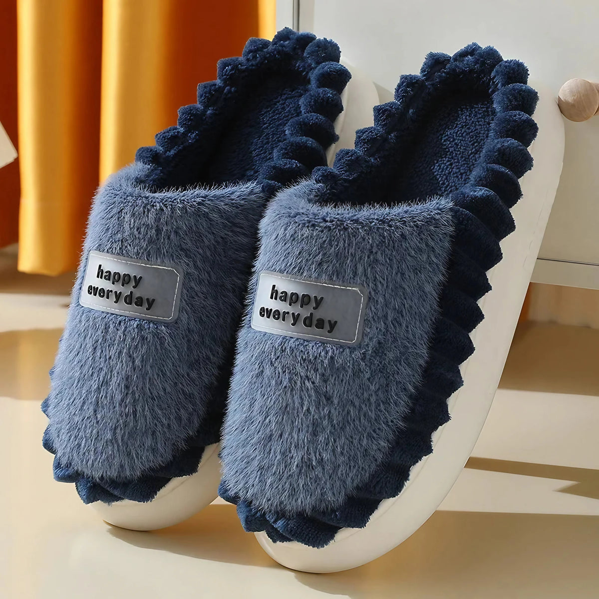 Chaussons en peluche hommes et femmes, semelle antidérapante, bleu