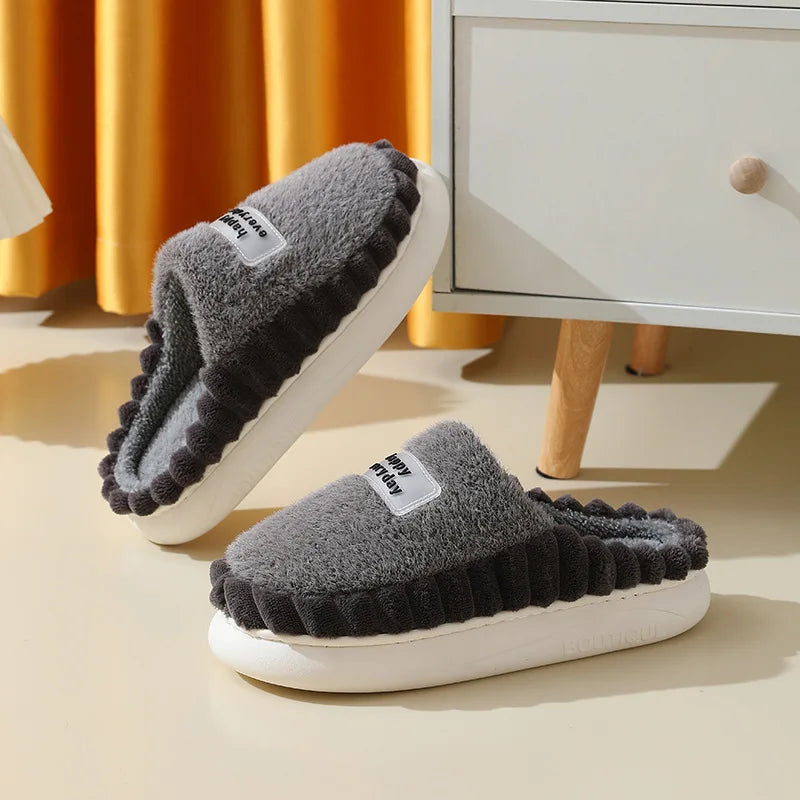 Chaussons en peluche hommes et femmes, semelle antidérapante, gris