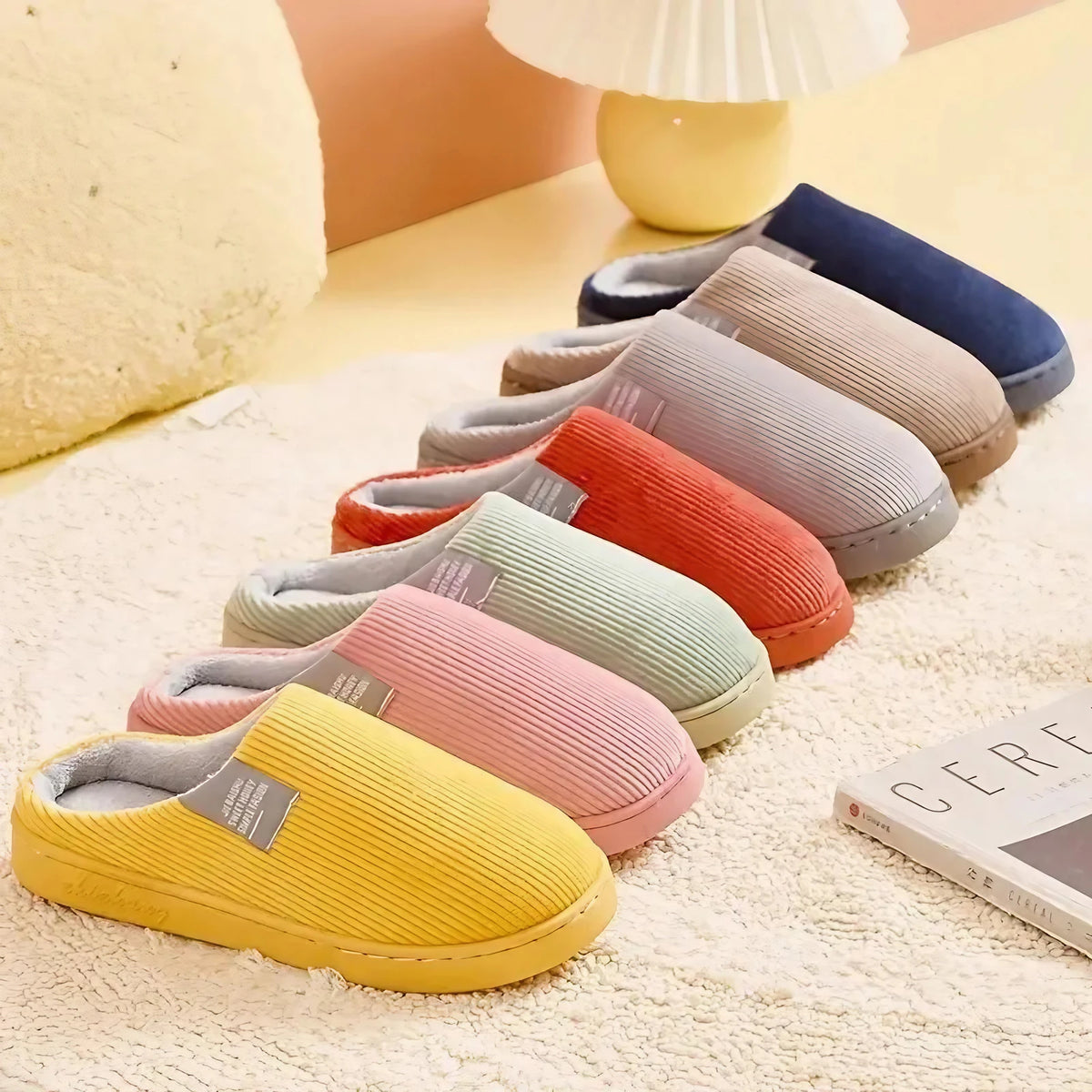 Chaussons femme en tissu peluche, semelle antidérapante, sept coloris