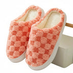 Chaussons d'hiver mixtes en coton, motif damier, semelle épaisse, orange