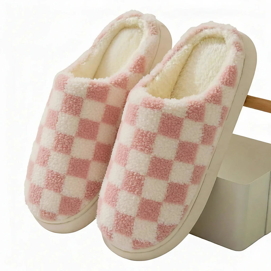Chaussons d'hiver mixtes en coton, motif damier, semelle épaisse, rose