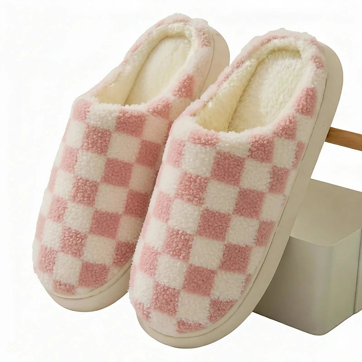 Chaussons d'hiver mixtes en coton, motif damier, semelle épaisse, rose