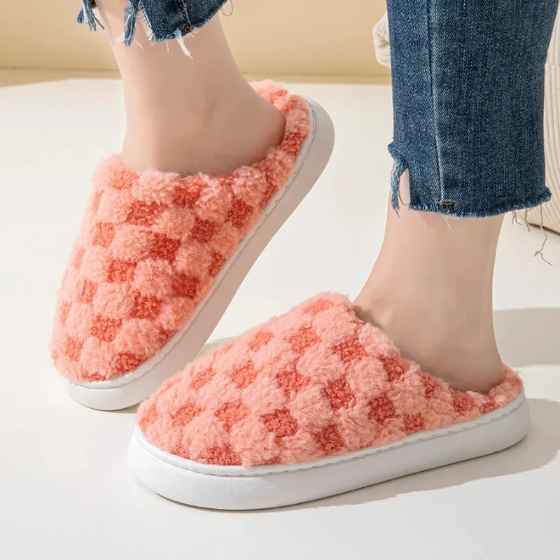 Chaussons d'hiver mixtes en coton, motif damier, semelle épaisse