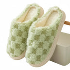Chaussons d'hiver mixtes en coton, motif damier, semelle épaisse, vert