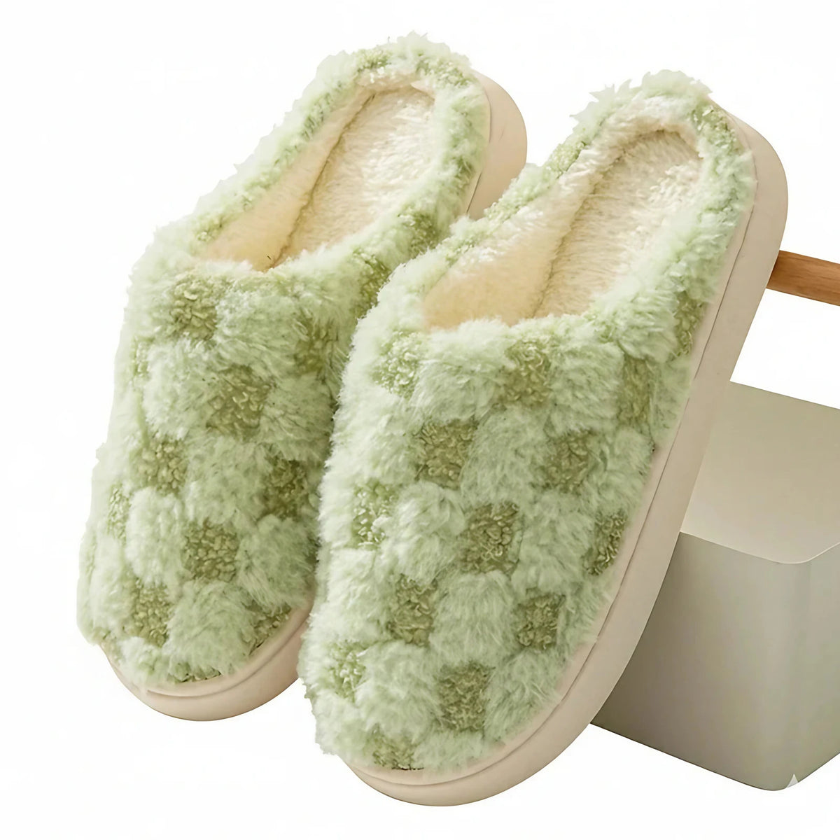 Chaussons d'hiver mixtes en coton, motif damier, semelle épaisse, vert