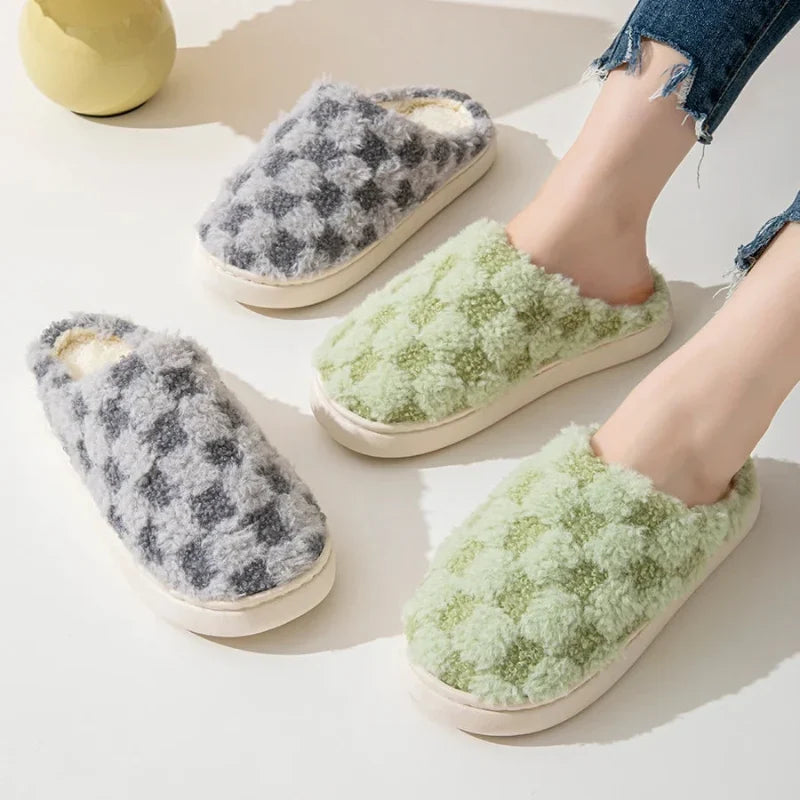 Chaussons d'hiver mixtes en coton, motif damier, semelle épaisse