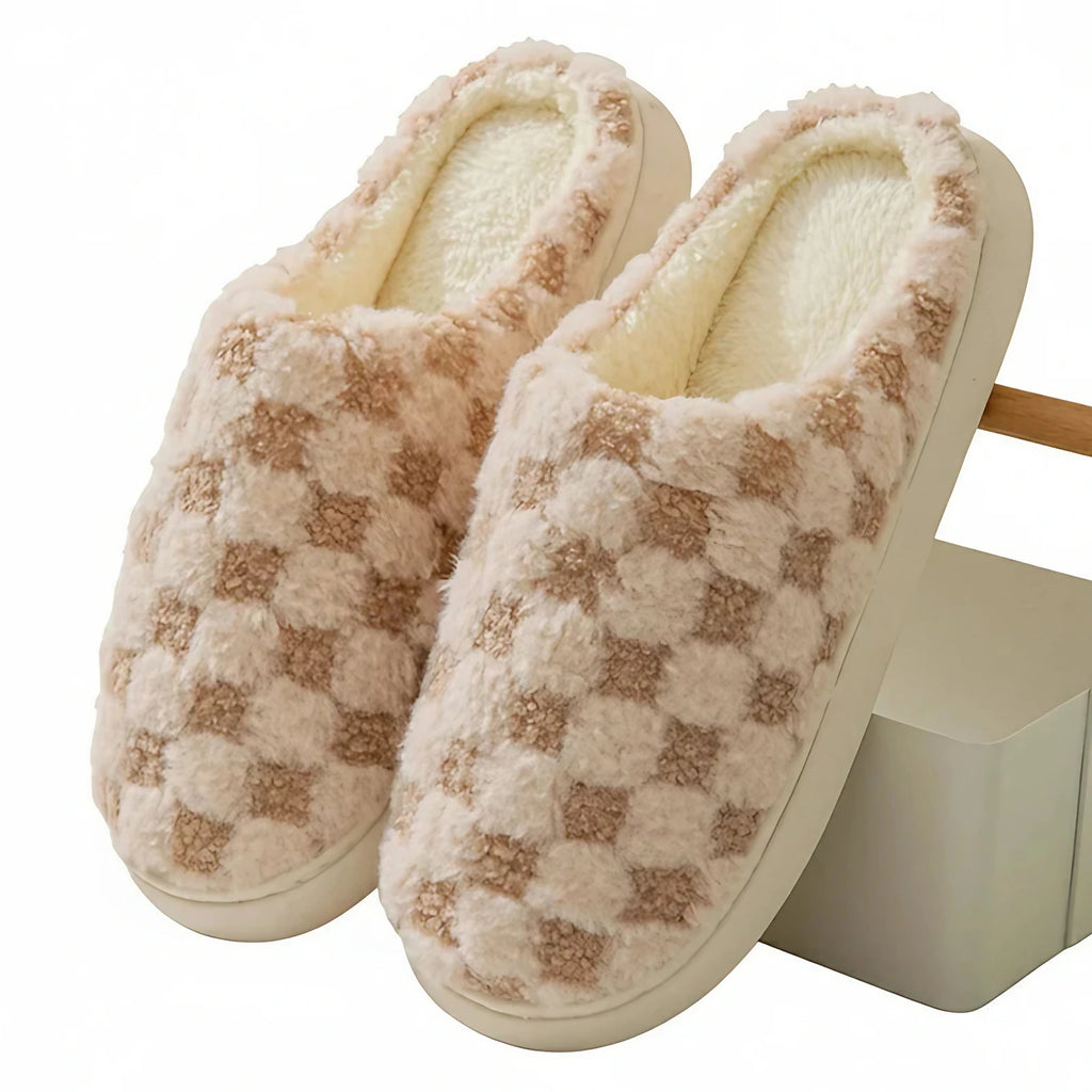 Chaussons d'hiver mixtes en coton, motif damier, semelle épaisse, marron