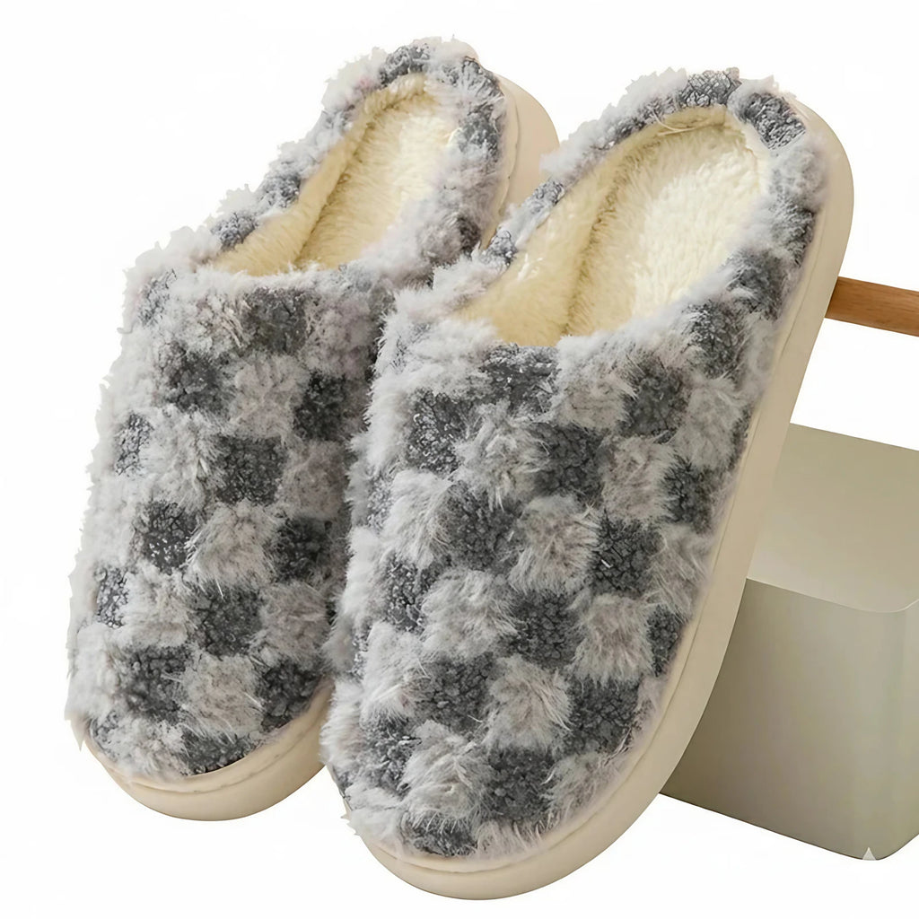 Chaussons d'hiver mixtes en coton, motif damier, semelle épaisse, noir