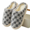 Chaussons d'hiver mixtes en coton, motif damier, semelle épaisse, noir