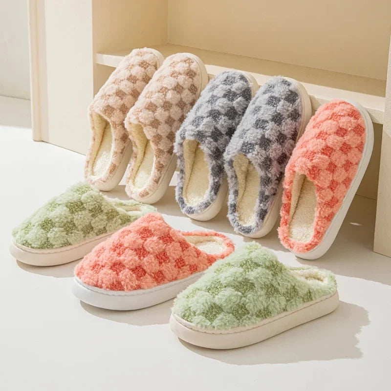 Chaussons d'hiver mixtes en coton, motif damier, semelle épaisse