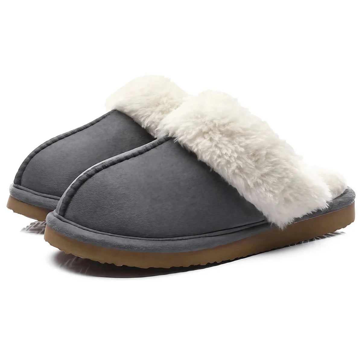 Pantoufles mixtes en suédine, doublure fausse fourrure, gris