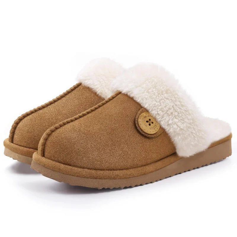 Pantoufles d'hiver mixtes en suédine, doublure peluche, kaki