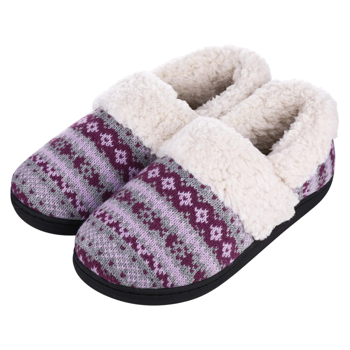 Chaussons mixtes en tricot doublés peluche, semelle antidérapante, violet