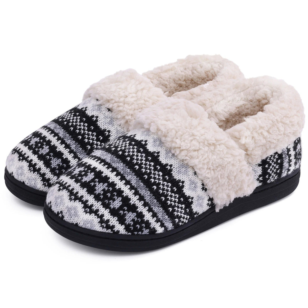 Chaussons mixtes en tricot doublés peluche, semelle antidérapante, noir