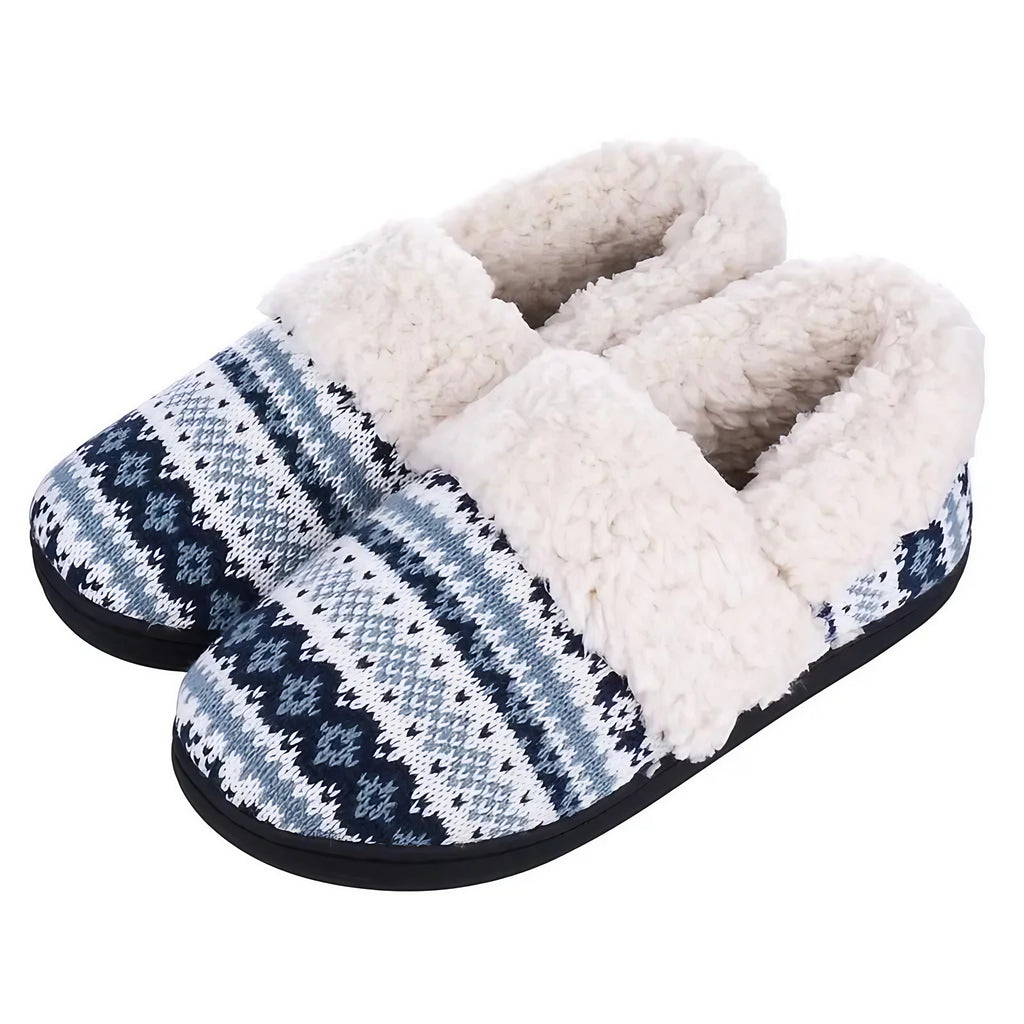 Chaussons mixtes en tricot doublés peluche, semelle antidérapante, bleu
