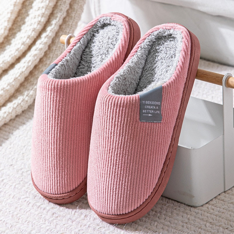Pantoufles d'hiver mixtes en coton, semelle antidérapante, rose
