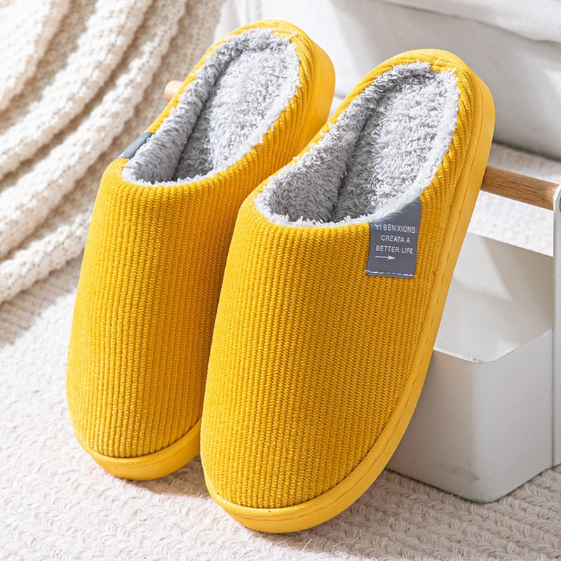 Pantoufles d'hiver mixtes en coton, semelle antidérapante, jaune