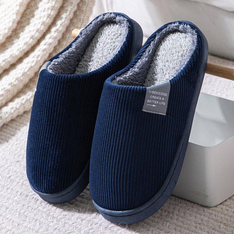 Pantoufles d'hiver mixtes en coton, semelle antidérapante, bleu