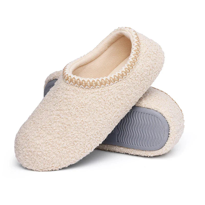 Chaussons mocassins bouclés femme, doublure fausse fourrure, beige