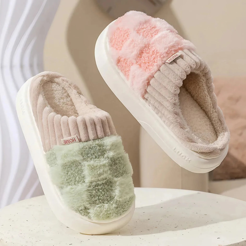 Pantoufles mixtes en coton à carreaux, semelle souple