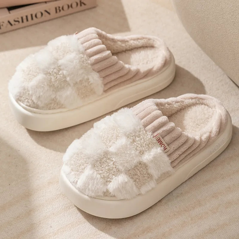 Pantoufles mixtes en coton à carreaux, semelle souple, blanc