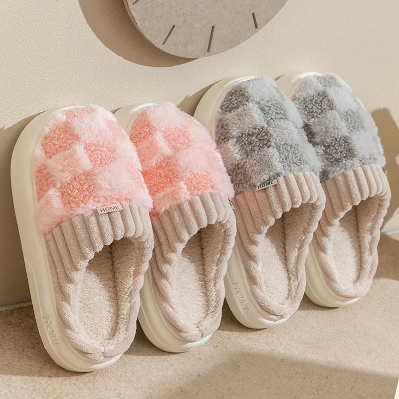 Pantoufles mixtes en coton à carreaux, semelle souple