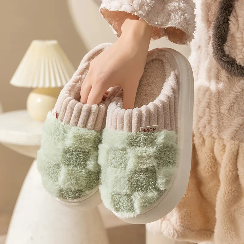 Pantoufles mixtes en coton à carreaux, semelle souple