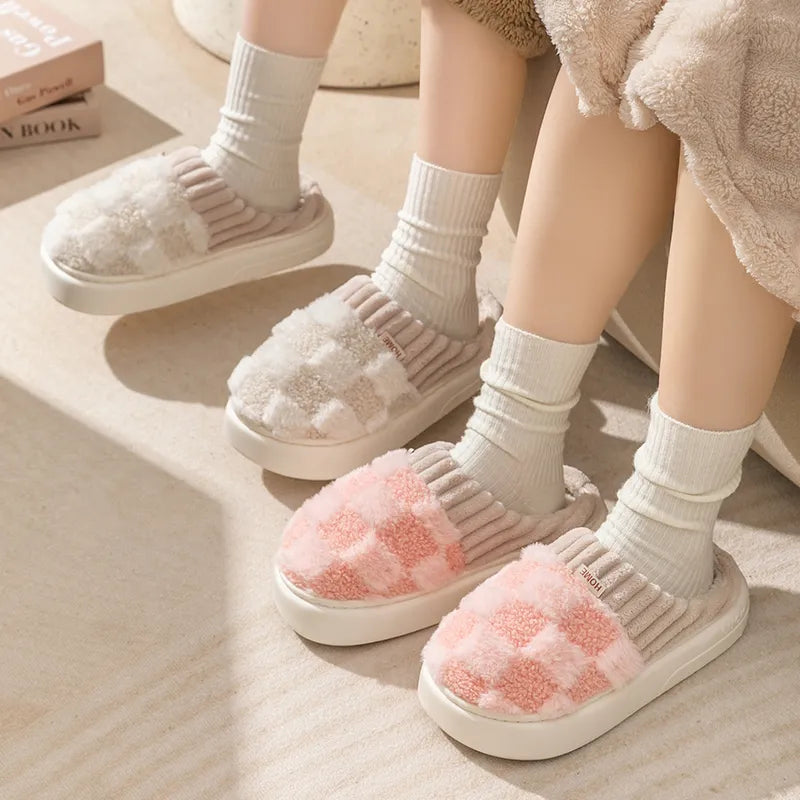 Pantoufles mixtes en coton à carreaux, semelle souple