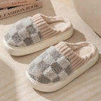 Pantoufles mixtes en coton à carreaux, semelle souple, gris