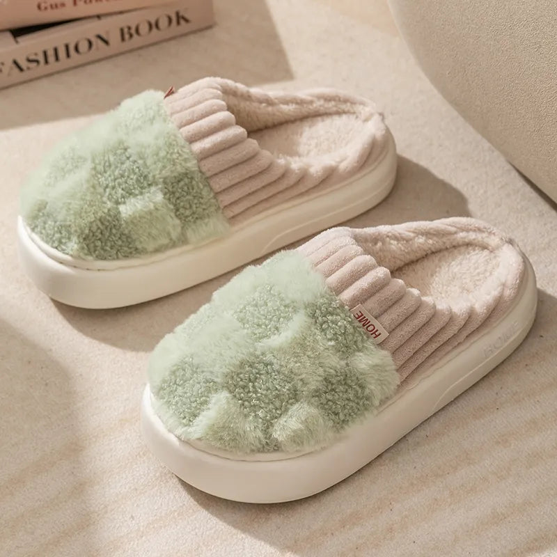 Pantoufles mixtes en coton à carreaux, semelle souple, vert