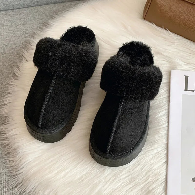 Chaussons femme à plateforme, doublure fourrure synthétique, noir