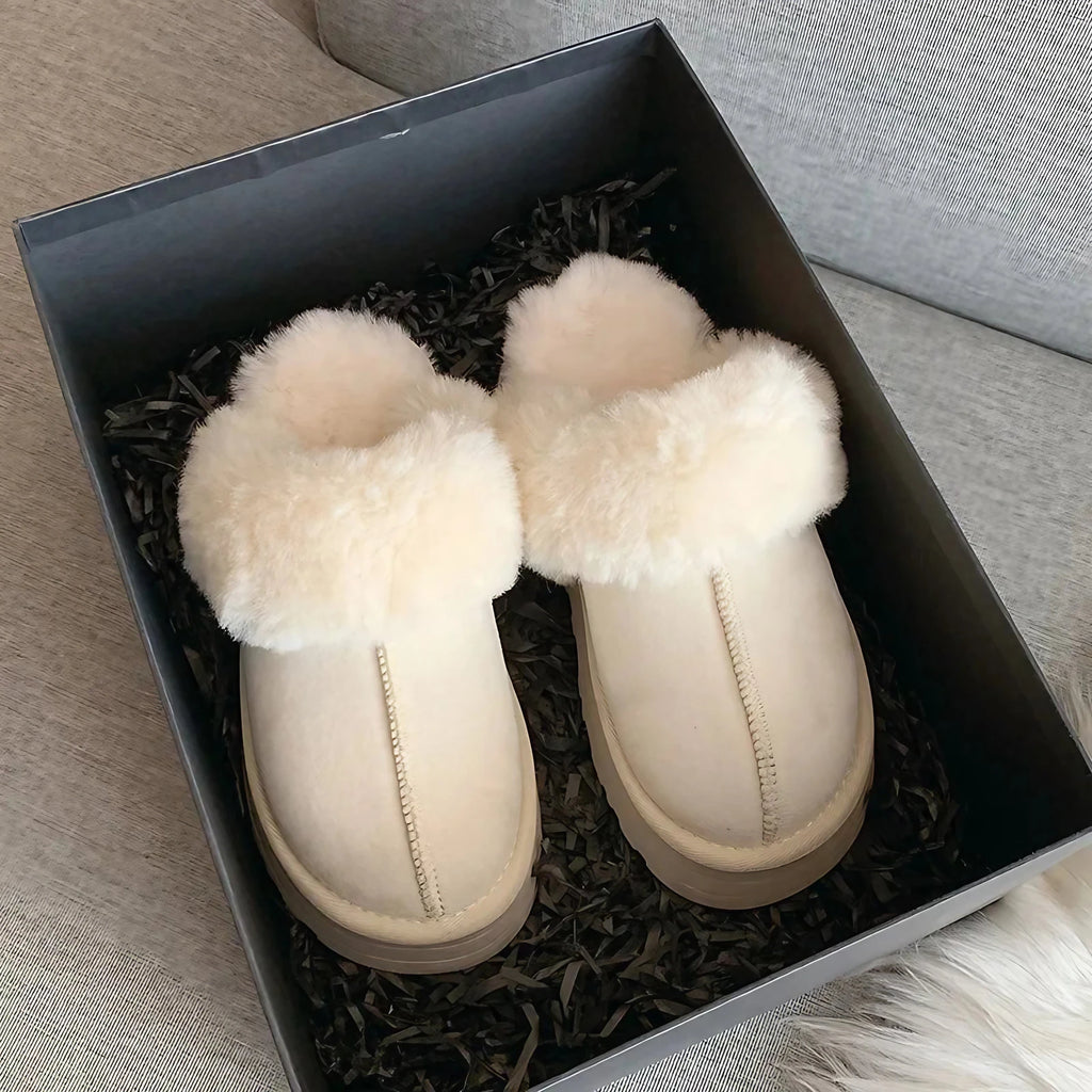 Chaussons femme à plateforme, doublure fourrure synthétique, blanc