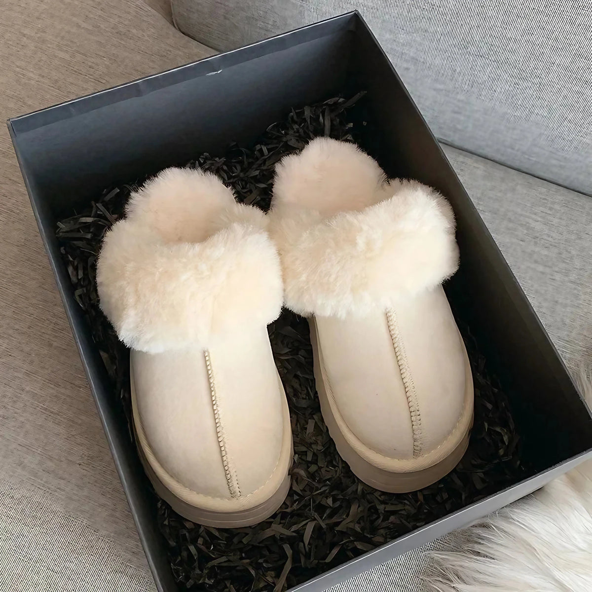Chaussons femme à plateforme, doublure fourrure synthétique, blanc