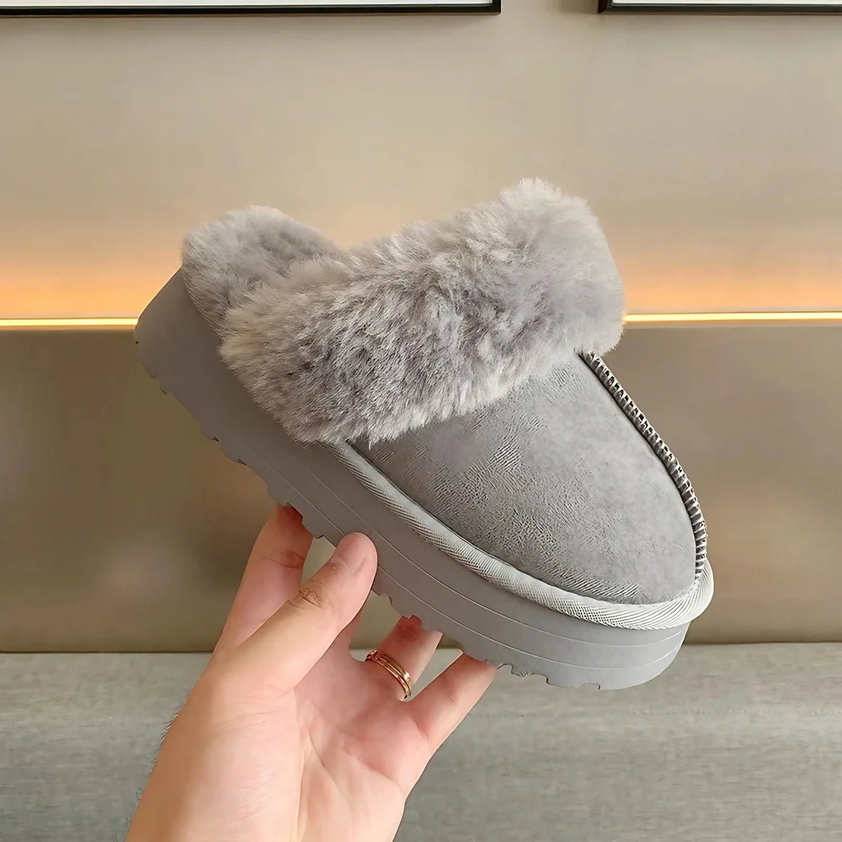 Chaussons femme à plateforme, doublure fourrure synthétique, gris