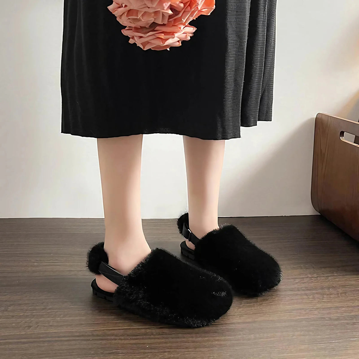 Mules d'intérieur femme en fausse fourrure, bride arrière, noir