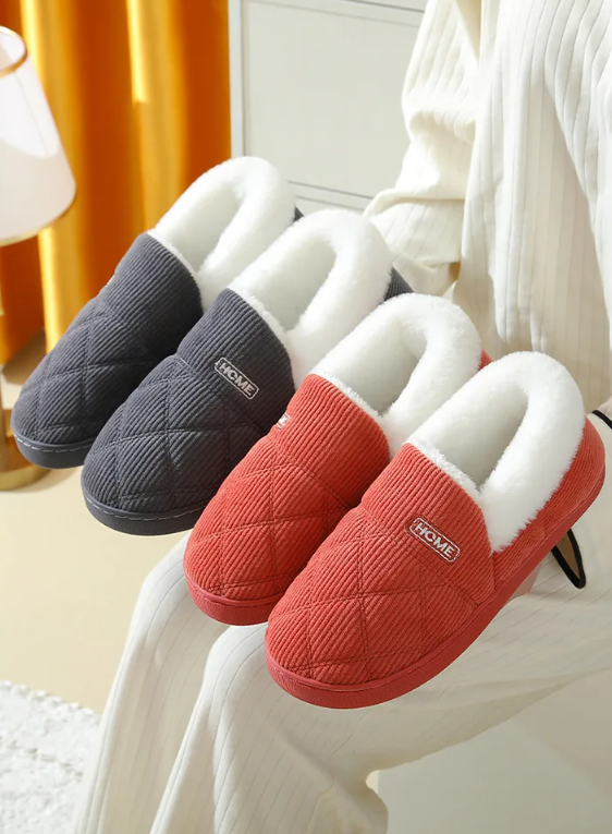 Chaussons en peluche mixtes, fourrés, semelle antidérapante