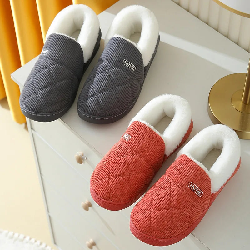 Chaussons en peluche mixtes, fourrés, semelle antidérapante