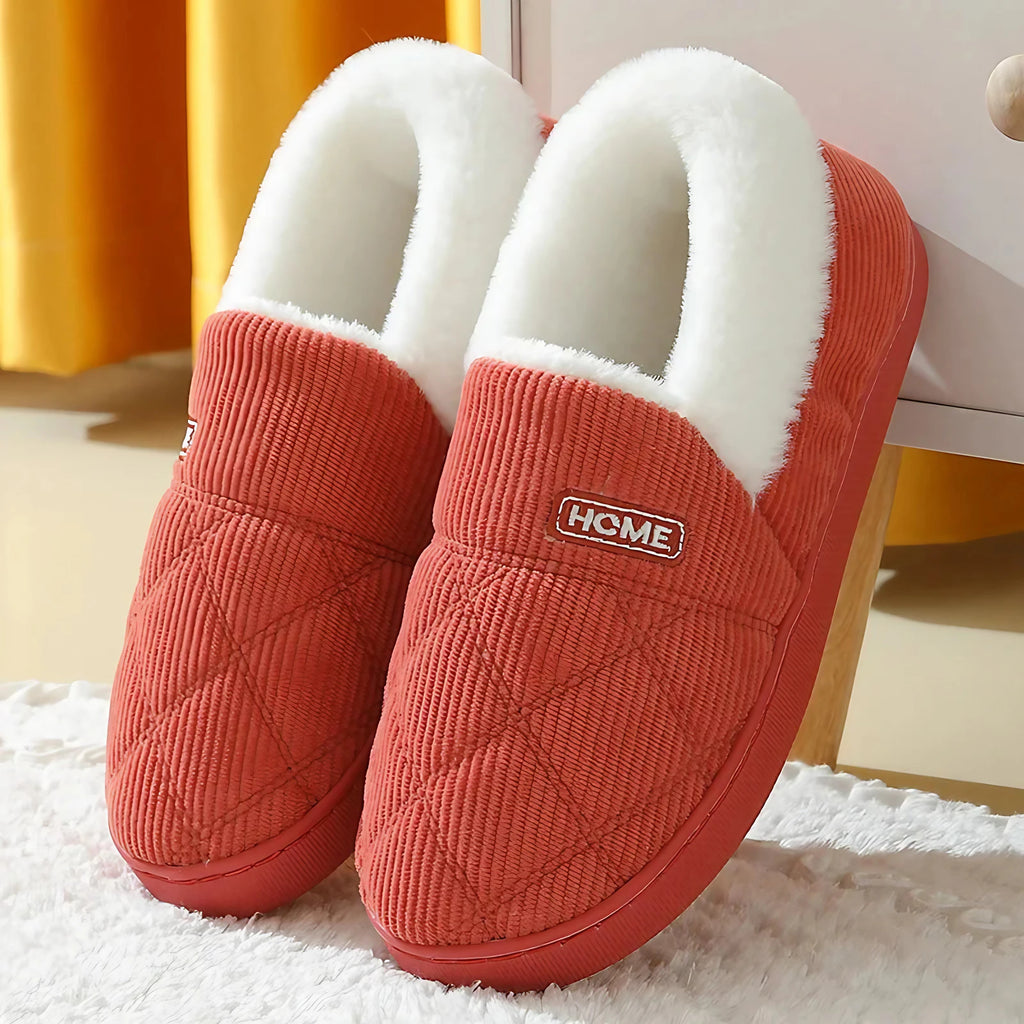 Chaussons en peluche mixtes, fourrés, semelle antidérapante, rouge