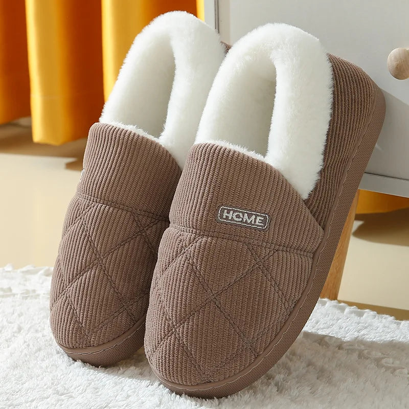Chaussons en peluche mixtes, fourrés, semelle antidérapante, marron