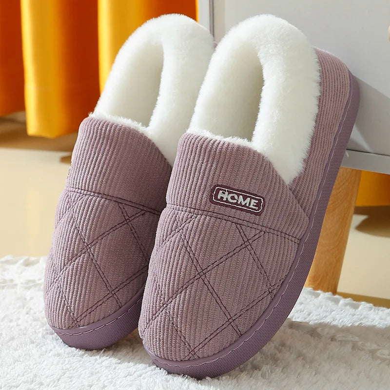 Chaussons en peluche mixtes, fourrés, semelle antidérapante, violet
